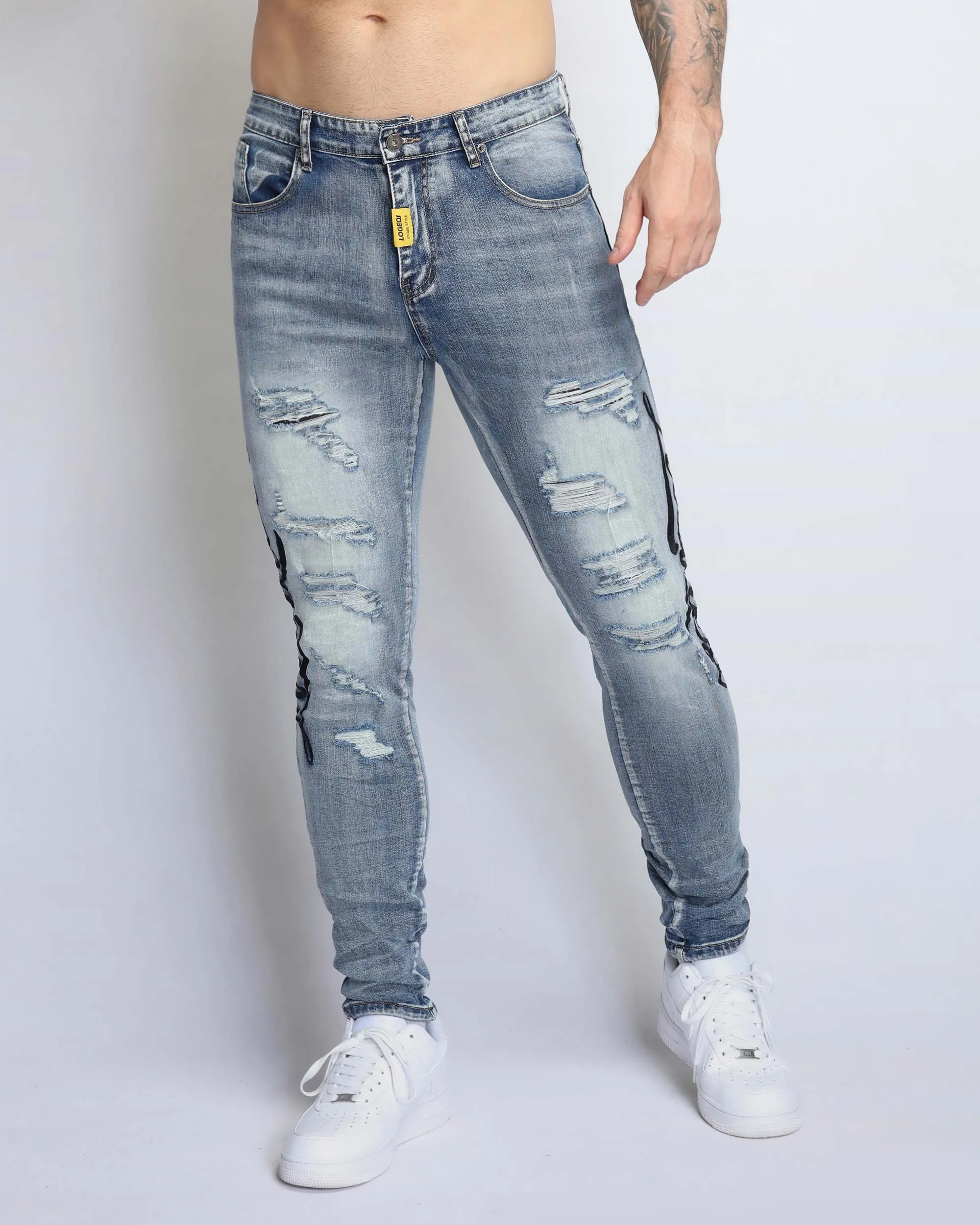 Light Wash Blue Ripped Jeans with Big Letters Embroidered-Mexico Local Delivery