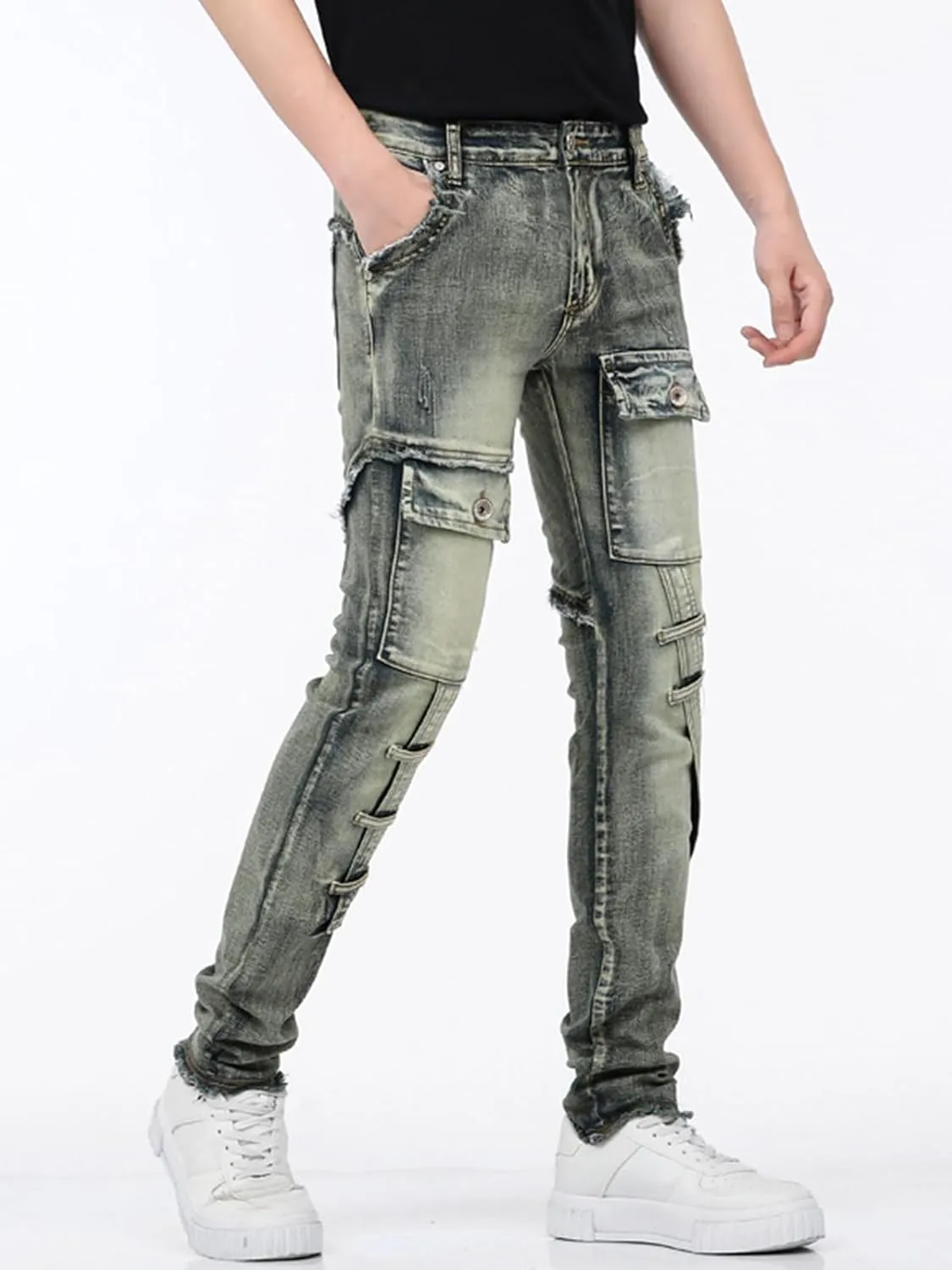 LONGBIDA Men's Ripped Jeans,Slim Fit Distressed Stretch Denim Pants Y2K Cargo Skinny Jeans for Men 2024