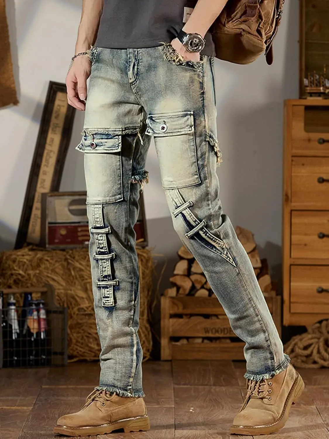 LONGBIDA Men's Ripped Jeans,Slim Fit Distressed Stretch Denim Pants Y2K Cargo Skinny Jeans for Men 2024