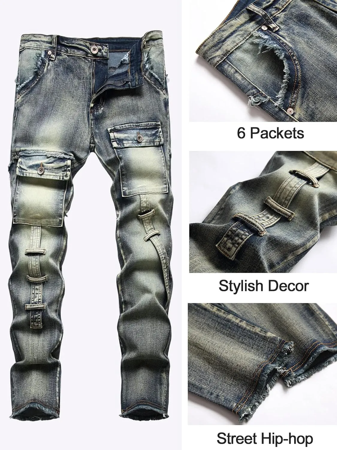 LONGBIDA Men's Ripped Jeans,Slim Fit Distressed Stretch Denim Pants Y2K Cargo Skinny Jeans for Men 2024