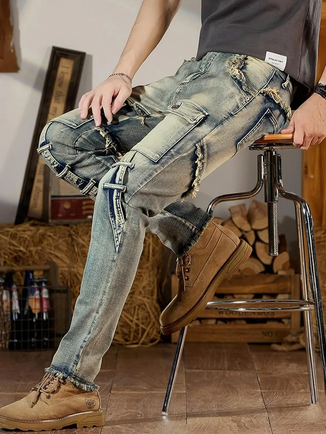 LONGBIDA Men's Ripped Jeans,Slim Fit Distressed Stretch Denim Pants Y2K Cargo Skinny Jeans for Men 2024