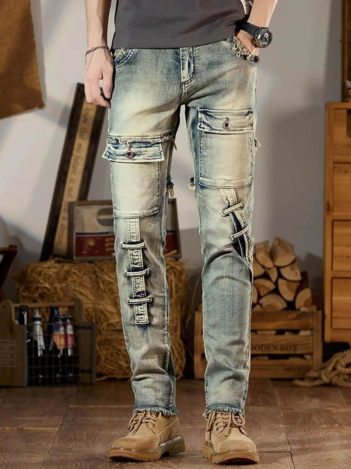 LONGBIDA Men's Ripped Jeans,Slim Fit Distressed Stretch Denim Pants Y2K Cargo Skinny Jeans for Men 2024