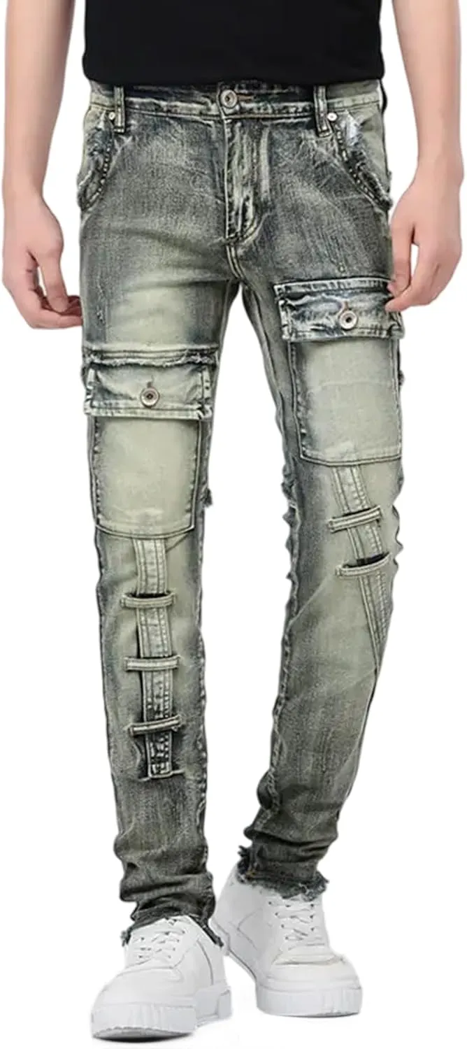 LONGBIDA Men's Ripped Jeans,Slim Fit Distressed Stretch Denim Pants Y2K Cargo Skinny Jeans for Men 2024