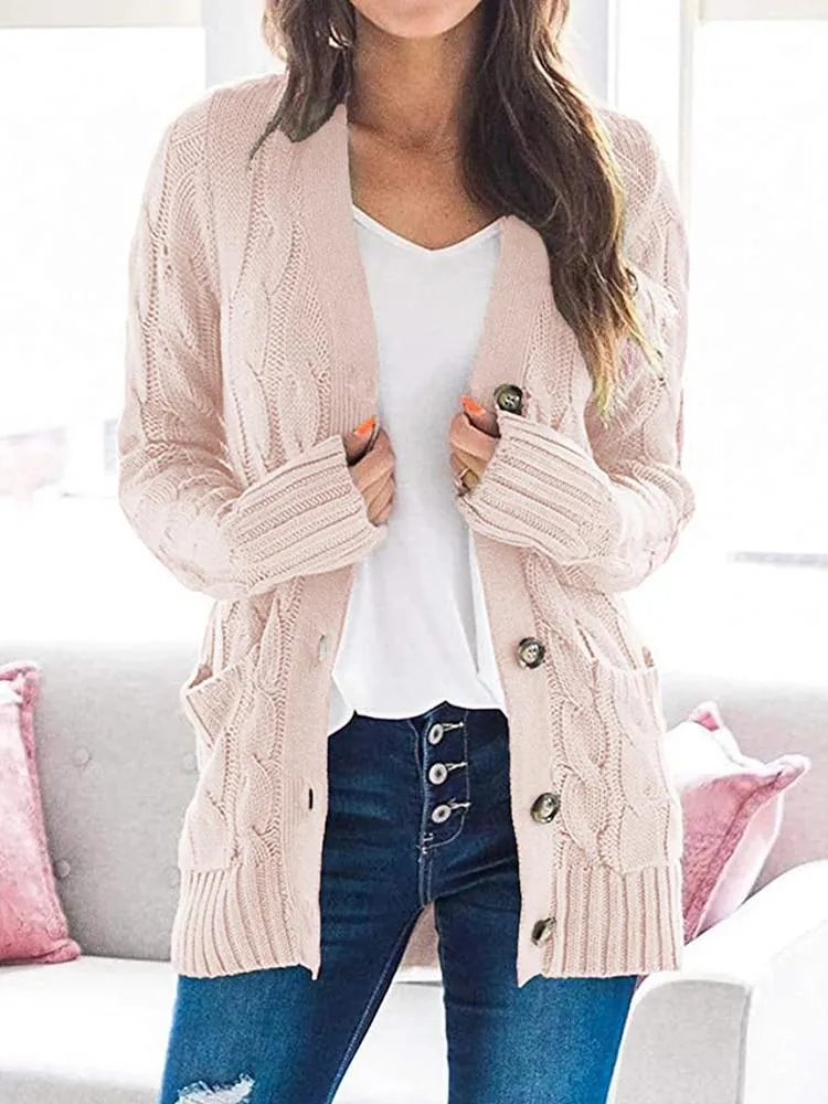 Loose Cable Button Solid Sweater Cardigan with Pockets