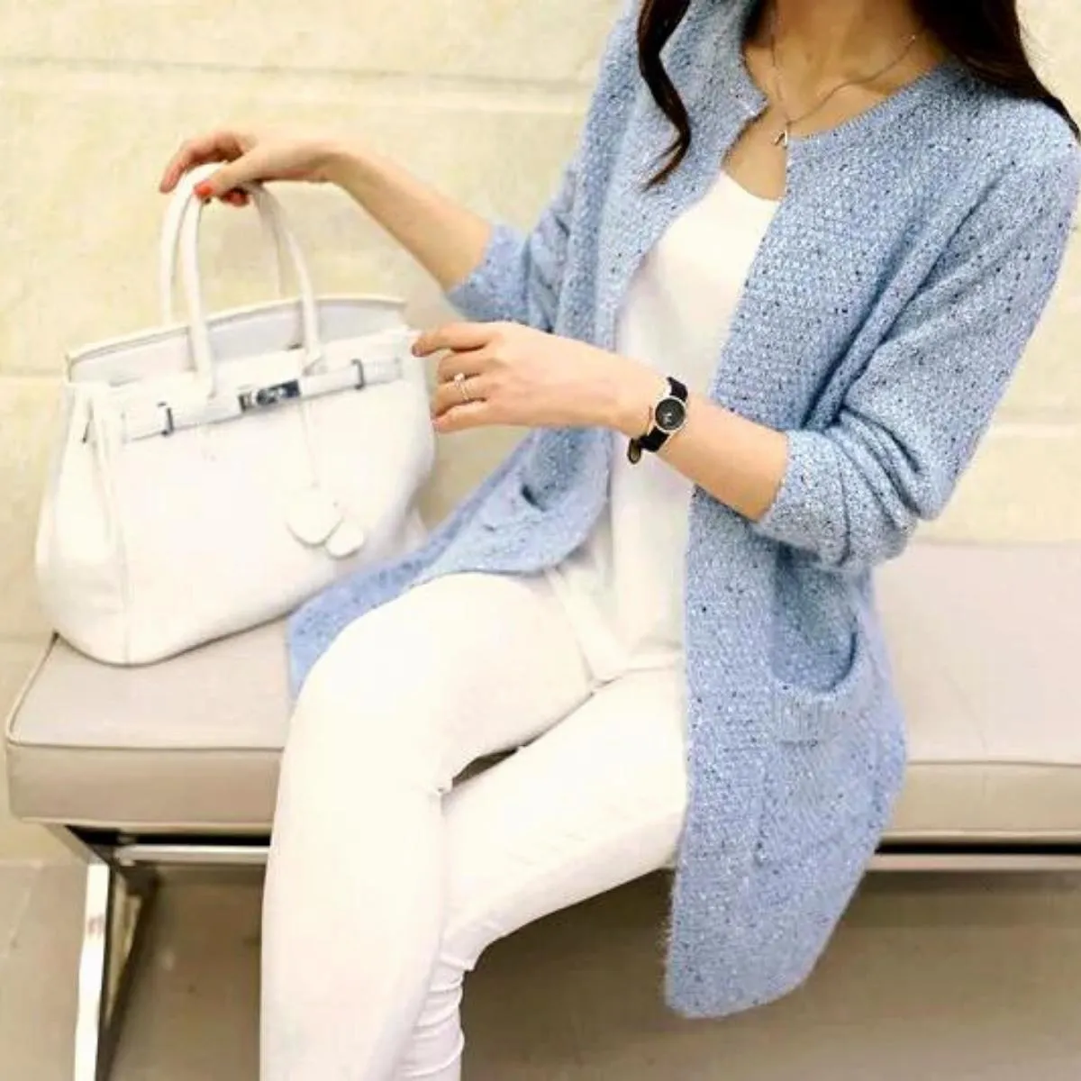 Luexco Women's Long Cardigan One Size Knitted Open Front