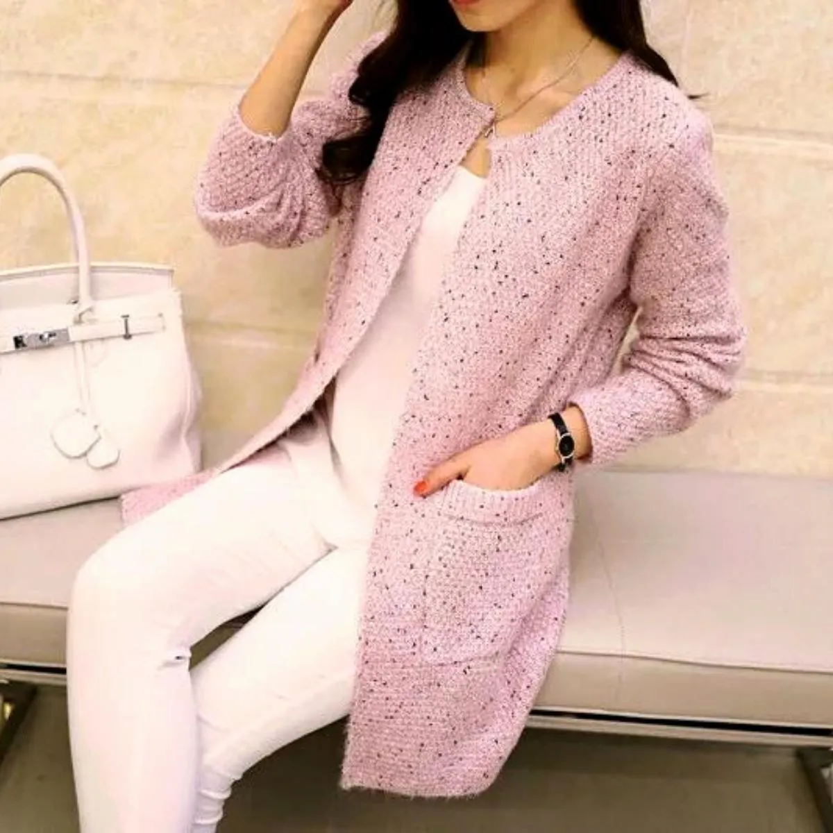 Luexco Women's Long Cardigan One Size Knitted Open Front