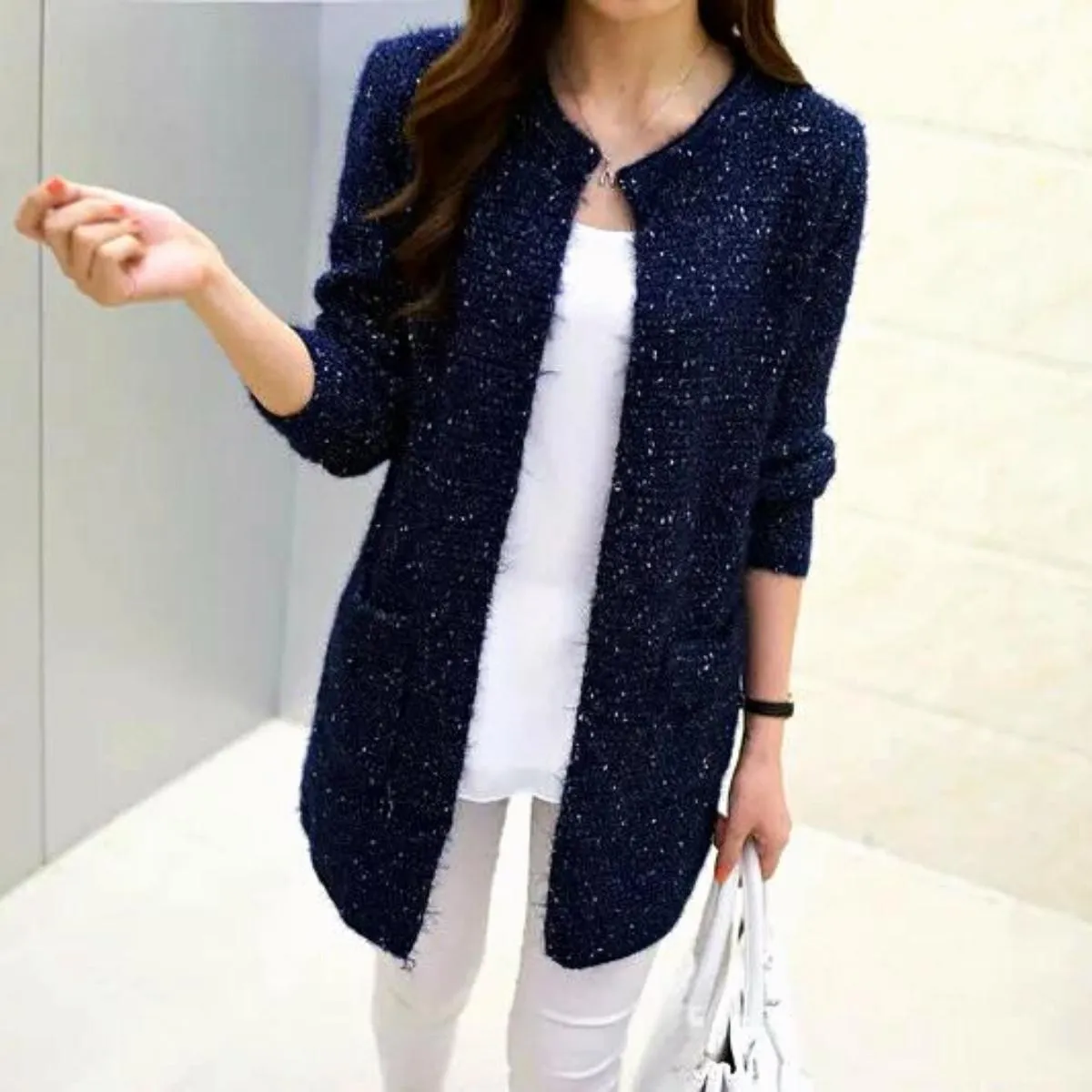 Luexco Women's Long Cardigan One Size Knitted Open Front