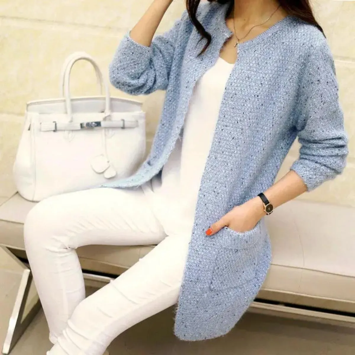 Luexco Women's Long Cardigan One Size Knitted Open Front