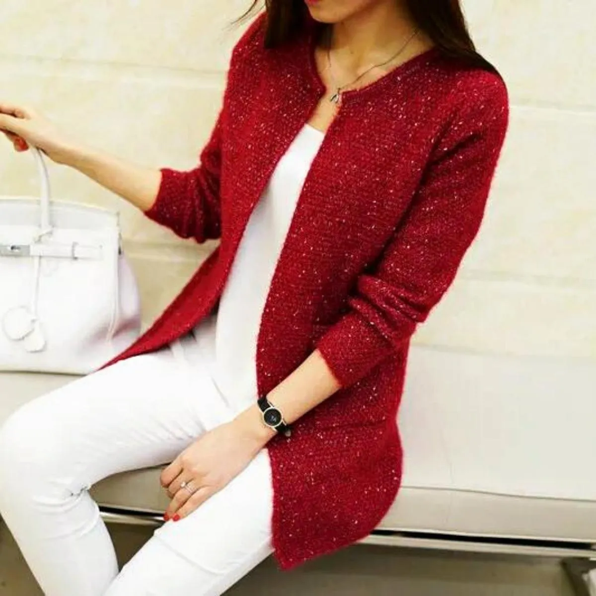 Luexco Women's Long Cardigan One Size Knitted Open Front