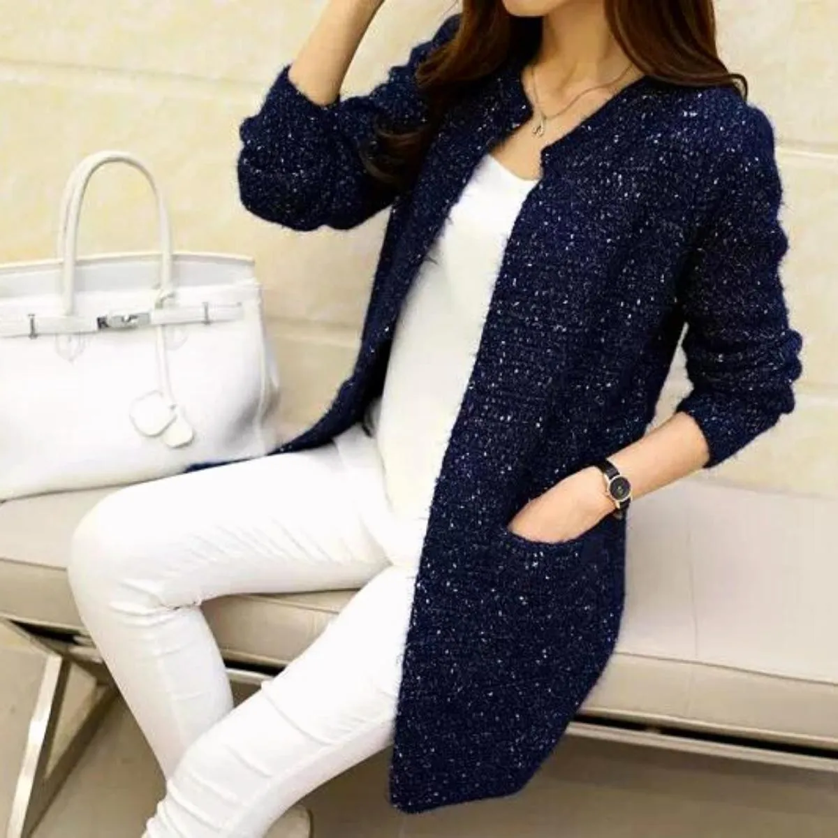 Luexco Women's Long Cardigan One Size Knitted Open Front