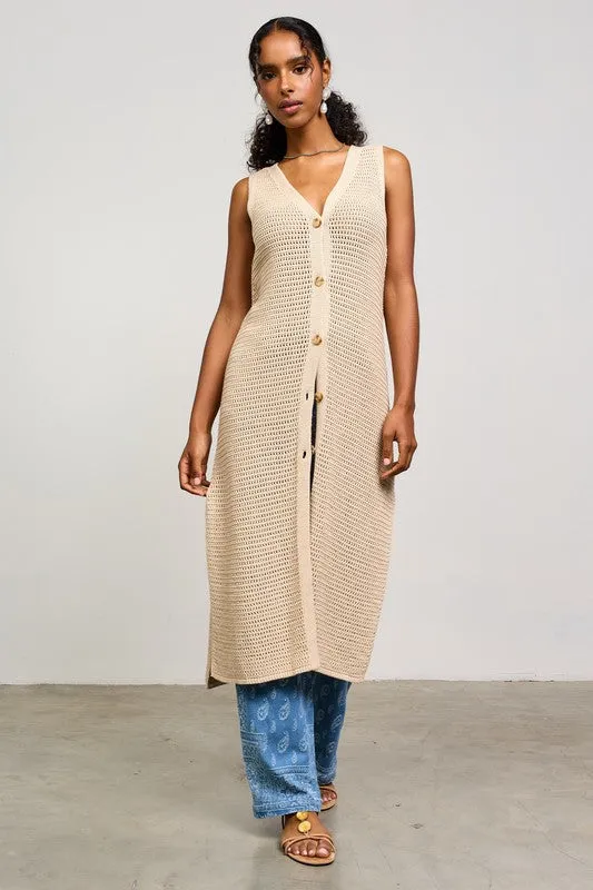 Mae Sleeveless Knit Button Down Long Cardigan Taupe