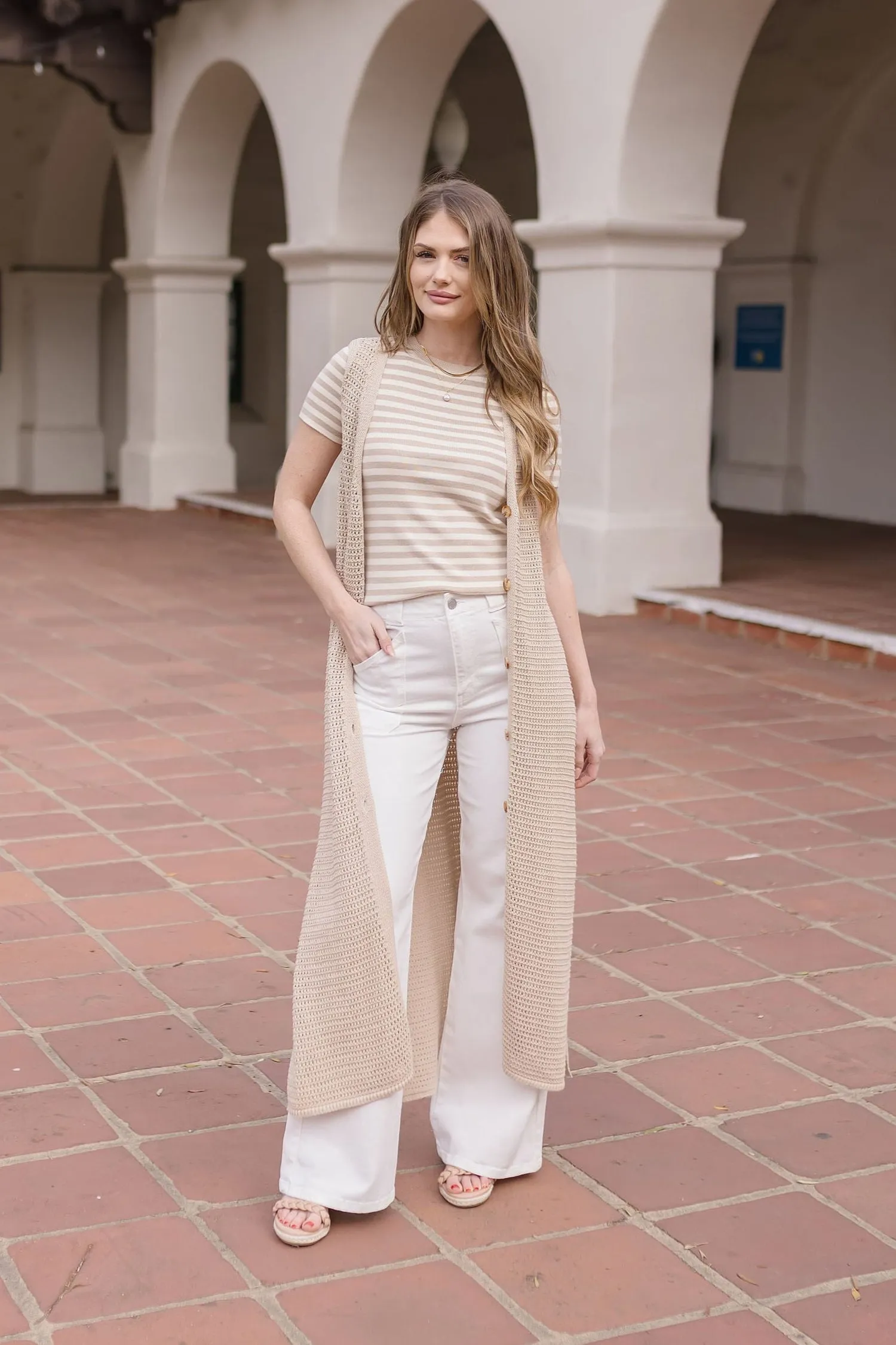 Mae Sleeveless Knit Button Down Long Cardigan Taupe