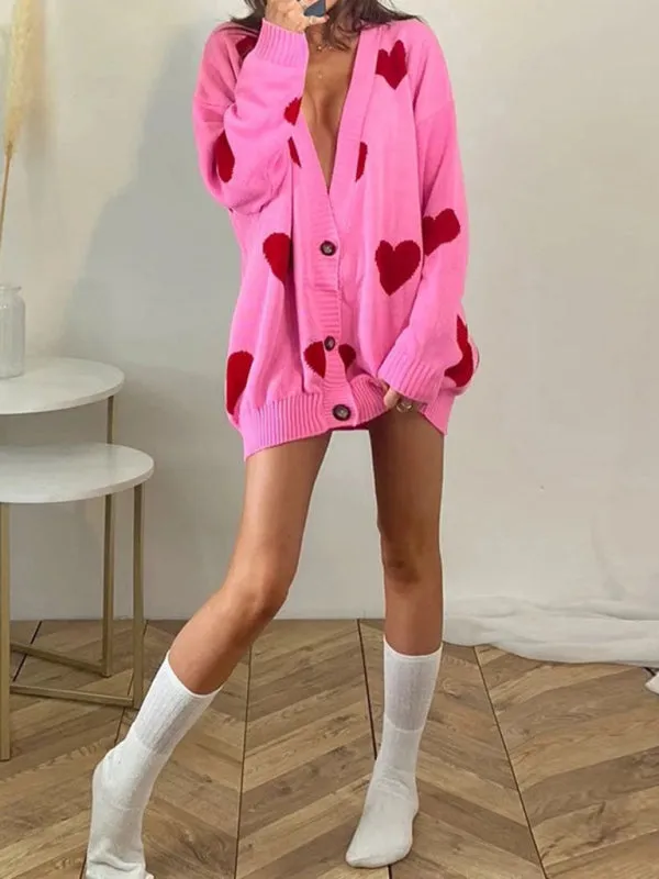 Makenna Love Flower Mid-Length V-Neck Jacket Loose Casual Knitted Cardigan