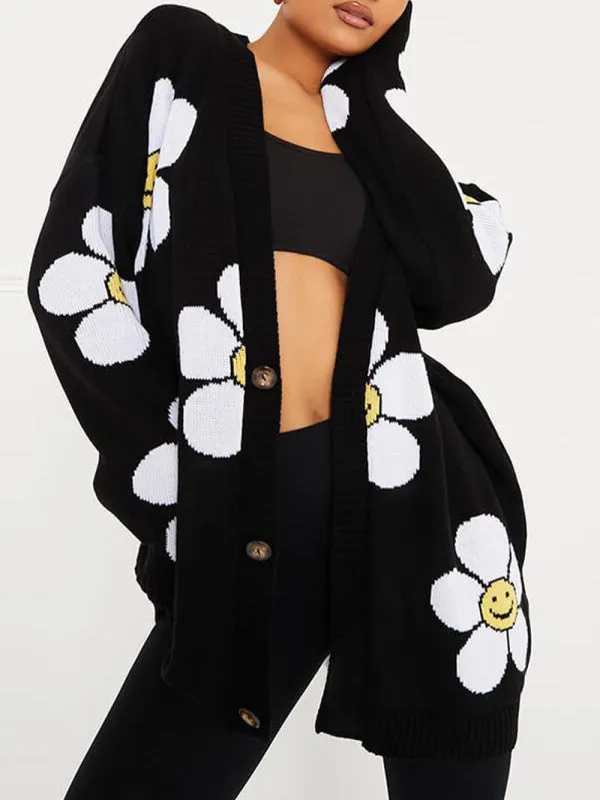Makenna Love Flower Mid-Length V-Neck Jacket Loose Casual Knitted Cardigan