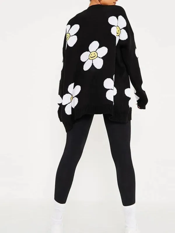 Makenna Love Flower Mid-Length V-Neck Jacket Loose Casual Knitted Cardigan