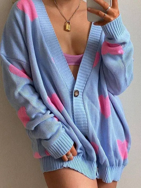 Makenna Love Flower Mid-Length V-Neck Jacket Loose Casual Knitted Cardigan