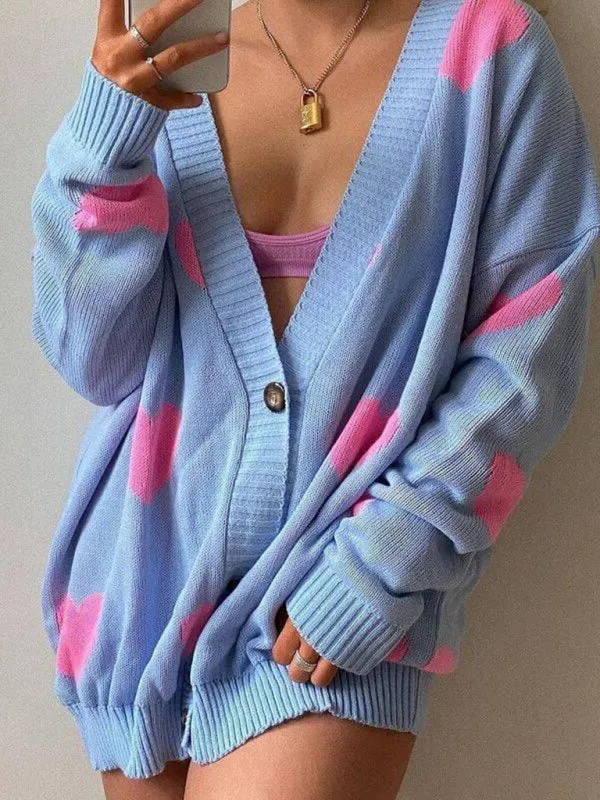Makenna Love Flower Mid-Length V-Neck Jacket Loose Casual Knitted Cardigan