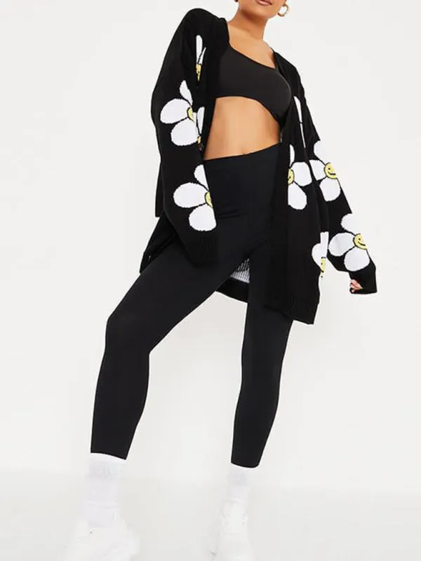 Makenna Love Flower Mid-Length V-Neck Jacket Loose Casual Knitted Cardigan