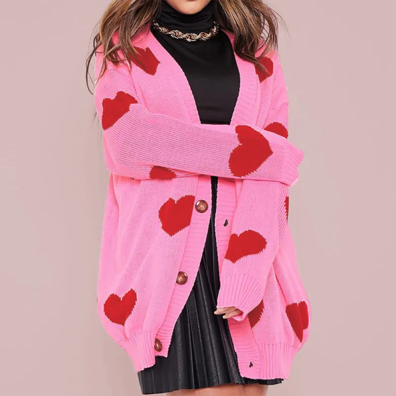 Makenna Love Flower Mid-Length V-Neck Jacket Loose Casual Knitted Cardigan