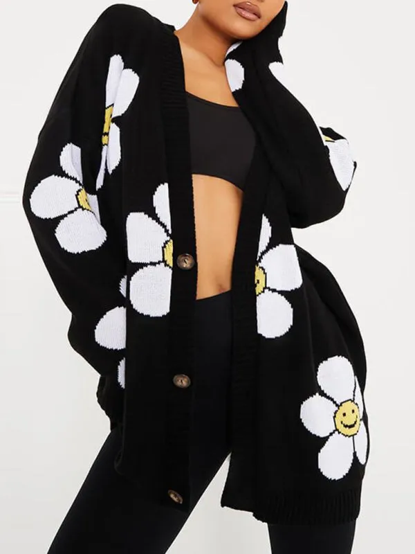 Makenna Love Flower Mid-Length V-Neck Jacket Loose Casual Knitted Cardigan