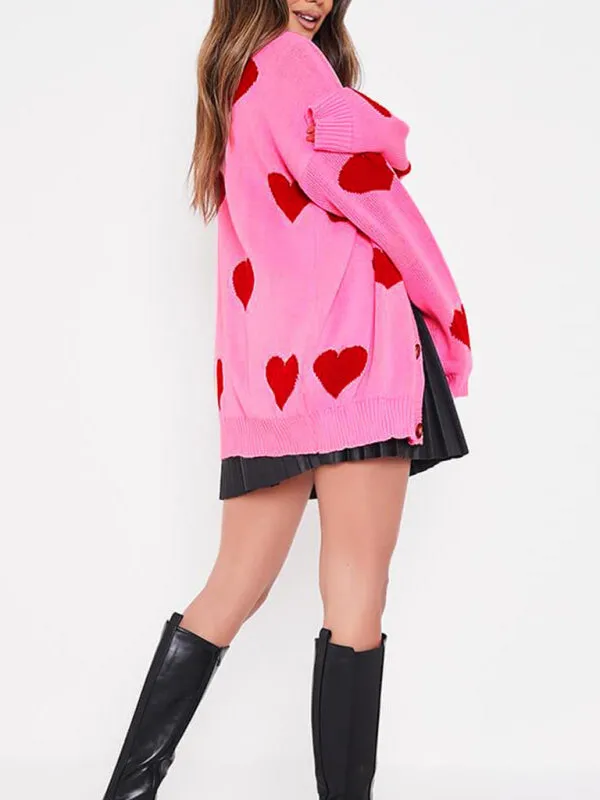 Makenna Love Flower Mid-Length V-Neck Jacket Loose Casual Knitted Cardigan