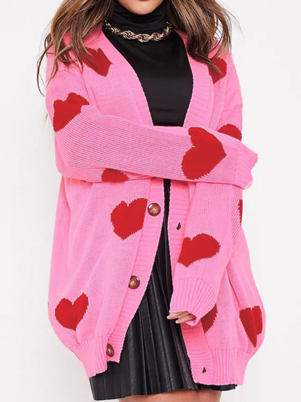 Makenna Love Flower Mid-Length V-Neck Jacket Loose Casual Knitted Cardigan