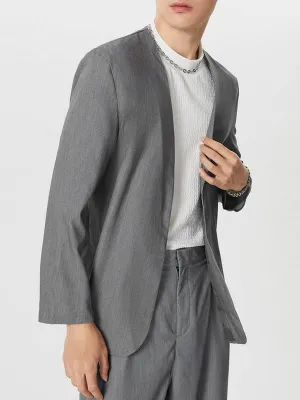 Mens Collarless Loose Casual Long Sleeve Blazer SKUI38071