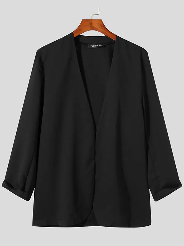 Mens Collarless Loose Casual Long Sleeve Blazer SKUI38071