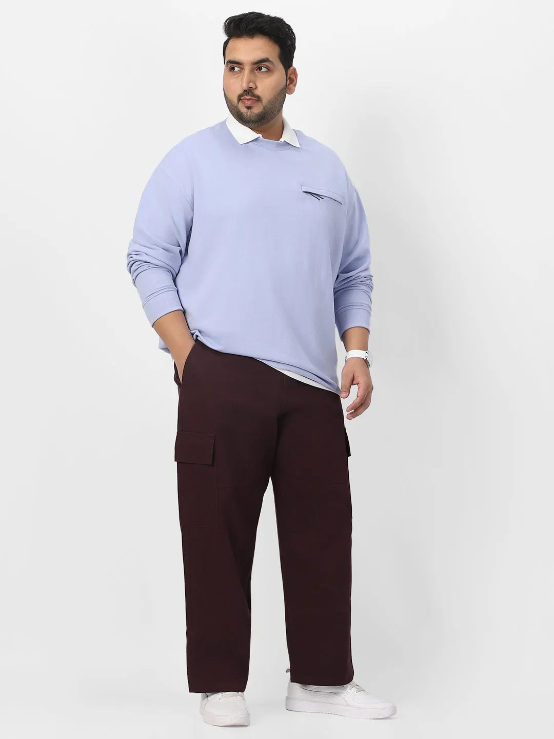 Plus Men's Maroon Loose Baggy Fit Solid Cargo Chino Pant with 6 Pockets Non-Stretchable