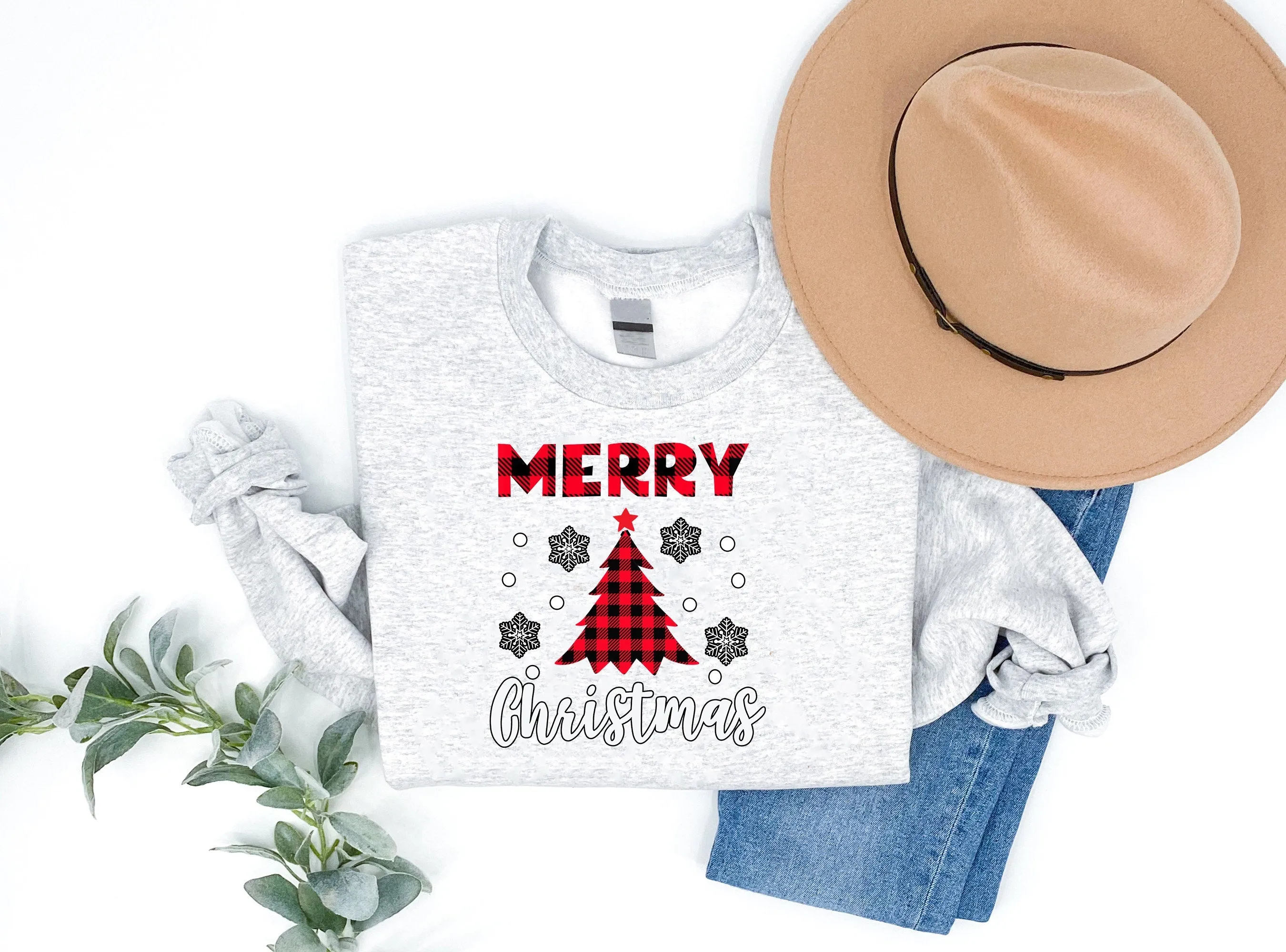 Red Christmas Tree Snowflake And 'Merry Christmas' Letter Print Patterned Gray Color Casual Long Sleeve Sweatshirts  Family Matching Pajamas Tops With Dog Bandana
