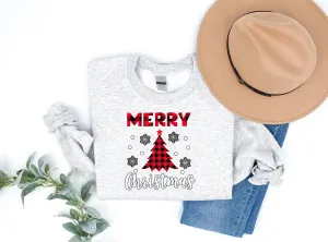 Red Christmas Tree Snowflake And 'Merry Christmas' Letter Print Patterned Gray Color Casual Long Sleeve Sweatshirts  Family Matching Pajamas Tops With Dog Bandana