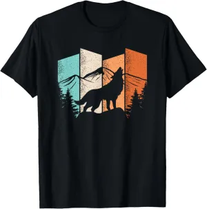 Retro Wolf Landscape Mountain Trees Wolf Lover T-Shirt