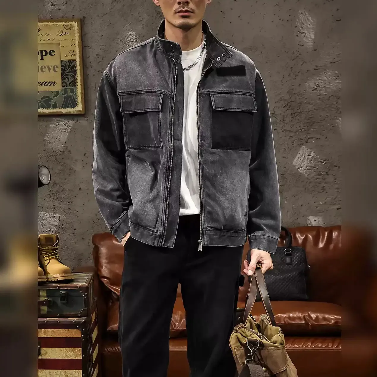 Stand Collar Denim Jacket P1065