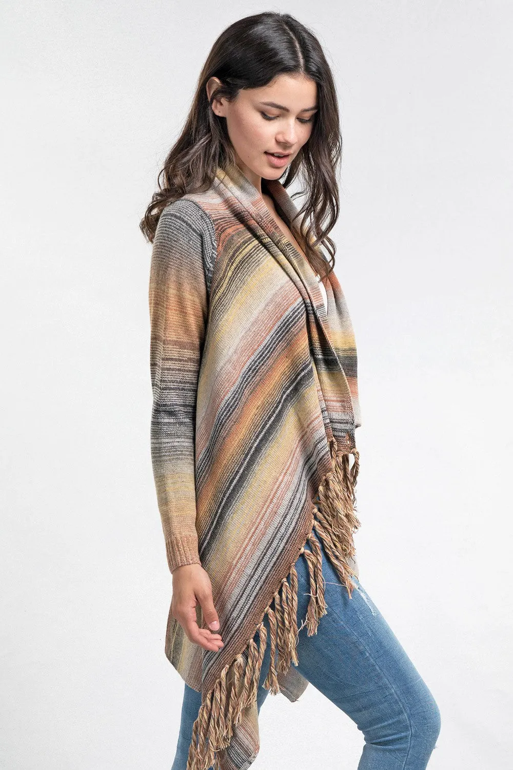 Striped Asymmetrical Cowl Draped Cardigan Sweater