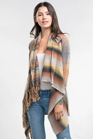 Striped Asymmetrical Cowl Draped Cardigan Sweater