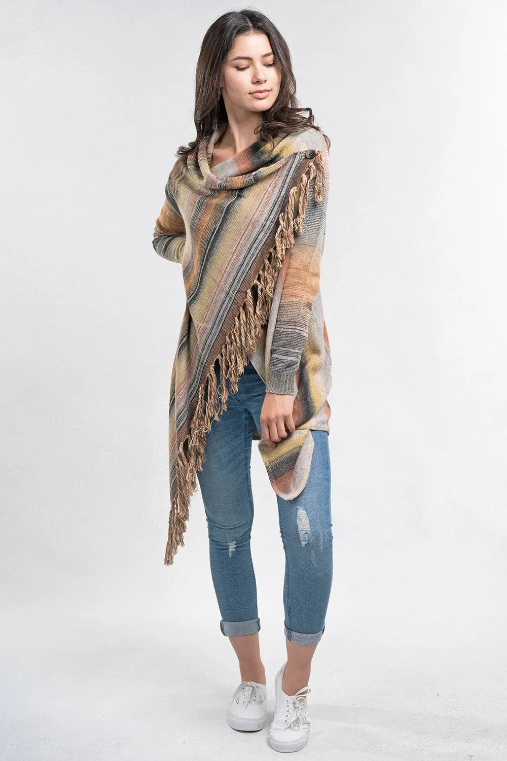 Striped Asymmetrical Cowl Draped Cardigan Sweater