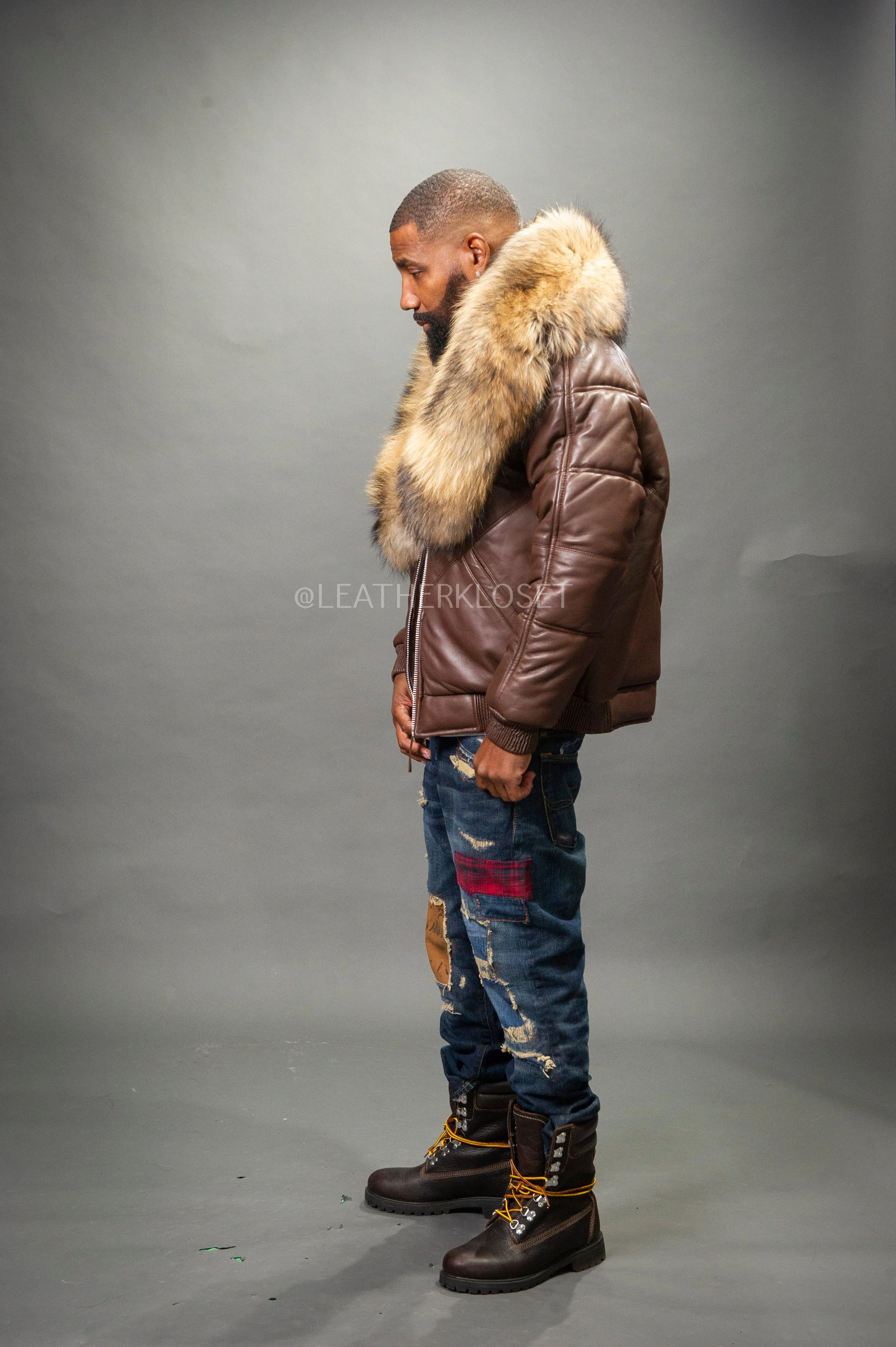 V-Bomber Leather Premium Full Raccoon Fur Collar [Chocolate]