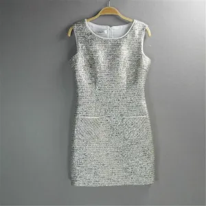 Women Silver Sparkle Round Neck Tweed Sheath Dress