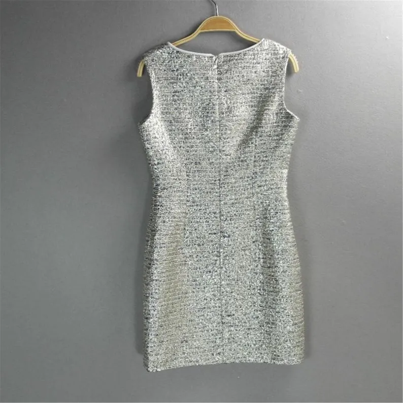 Women Silver Sparkle Round Neck Tweed Sheath Dress