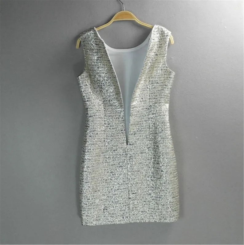 Women Silver Sparkle Round Neck Tweed Sheath Dress