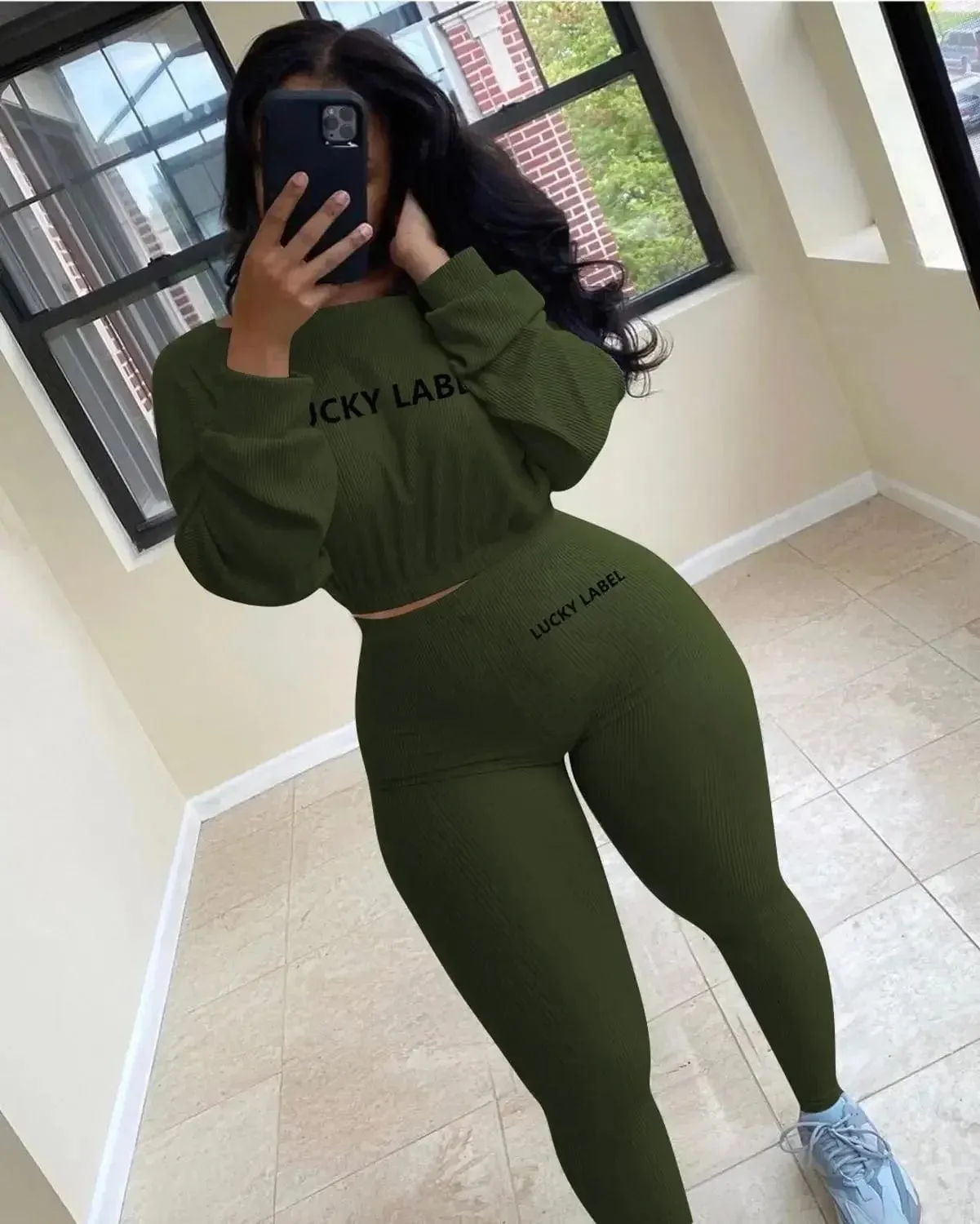 Women Solid Lucky Label Letter Embroidery Two Piece Tracksuits