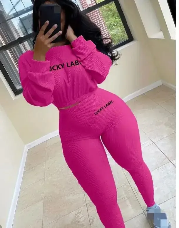 Women Solid Lucky Label Letter Embroidery Two Piece Tracksuits