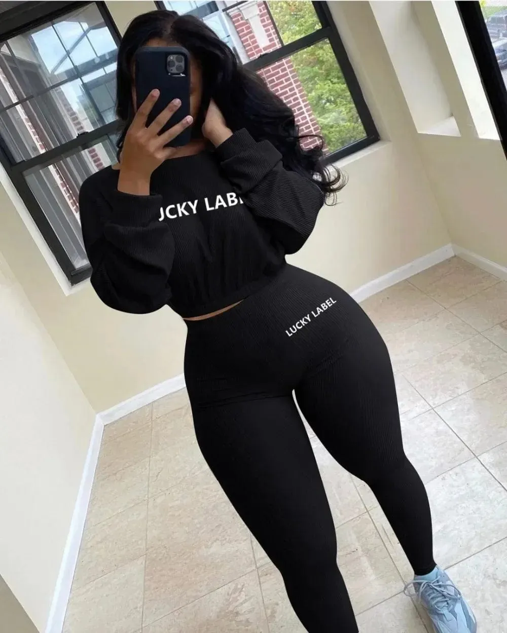 Women Solid Lucky Label Letter Embroidery Two Piece Tracksuits