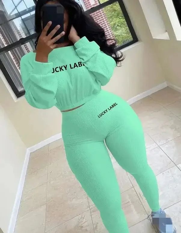 Women Solid Lucky Label Letter Embroidery Two Piece Tracksuits