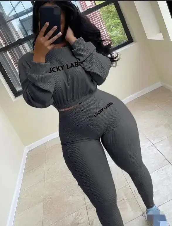 Women Solid Lucky Label Letter Embroidery Two Piece Tracksuits
