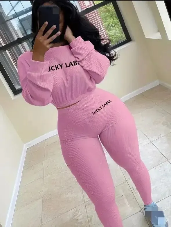 Women Solid Lucky Label Letter Embroidery Two Piece Tracksuits