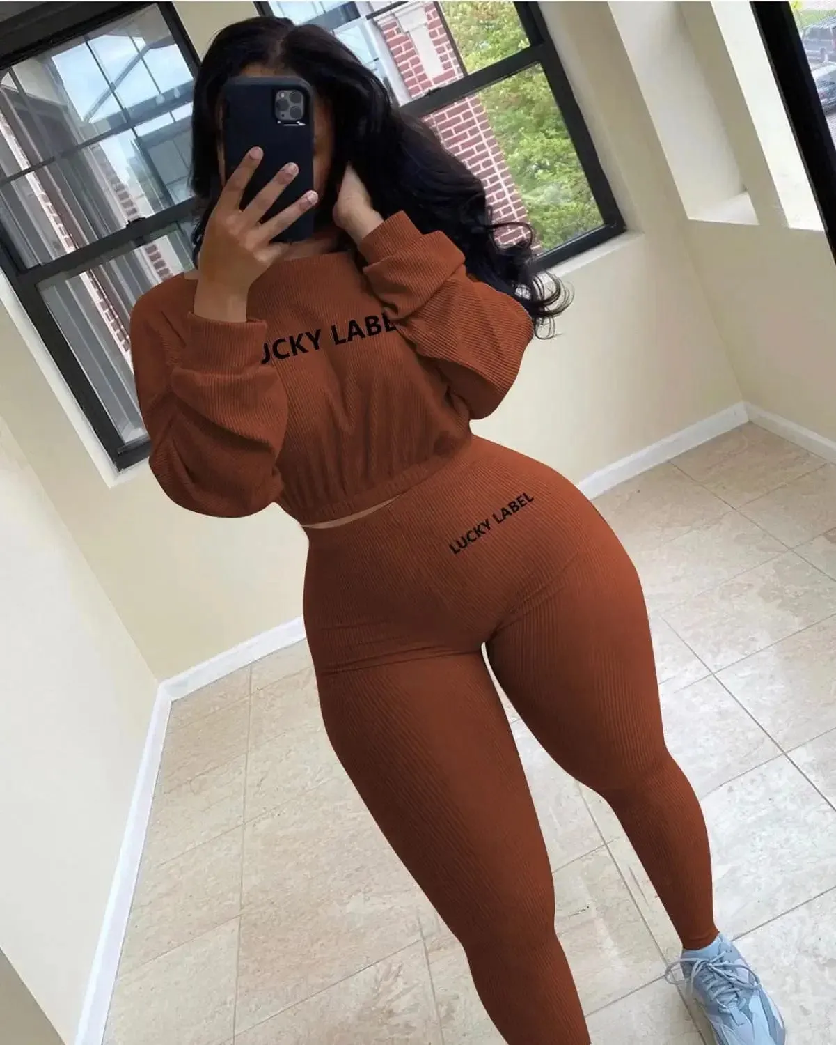 Women Solid Lucky Label Letter Embroidery Two Piece Tracksuits