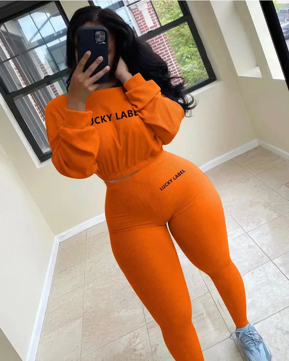 Women Solid Lucky Label Letter Embroidery Two Piece Tracksuits