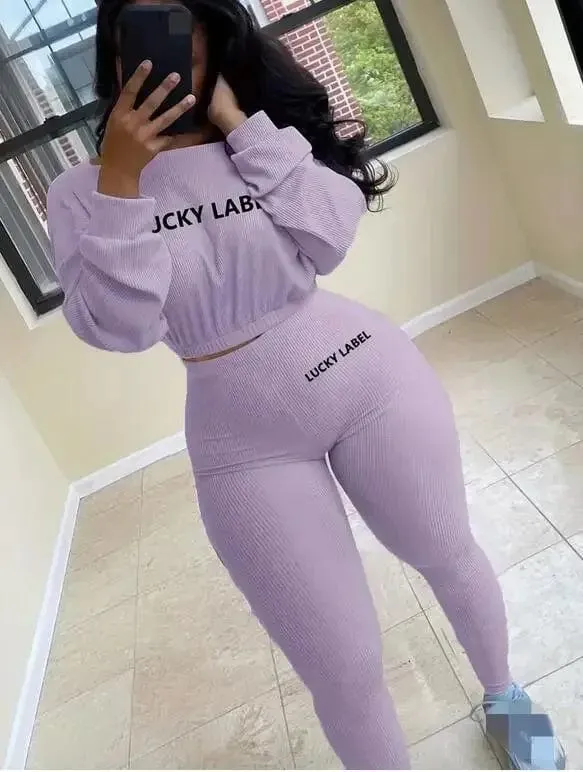 Women Solid Lucky Label Letter Embroidery Two Piece Tracksuits