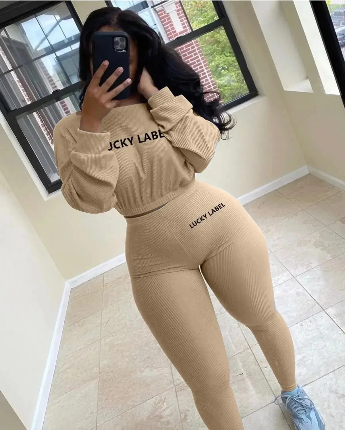 Women Solid Lucky Label Letter Embroidery Two Piece Tracksuits